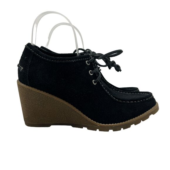 Sperry Womens 8 Booties Black Top Sider Suede Leather Lace Wedge Heels F-1661751 - Picture 1 of 12